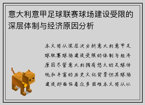 意大利意甲足球联赛球场建设受限的深层体制与经济原因分析