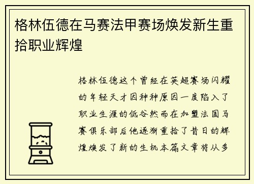 格林伍德在马赛法甲赛场焕发新生重拾职业辉煌
